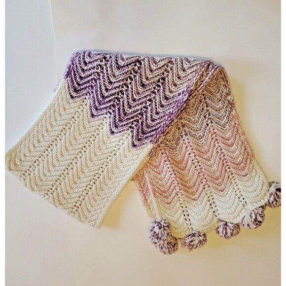 Chunky Knit Scarf  Pompoms Multicolor Appx 80" x 12" Rectangle BCBGMazaria - Picture 6 of 7